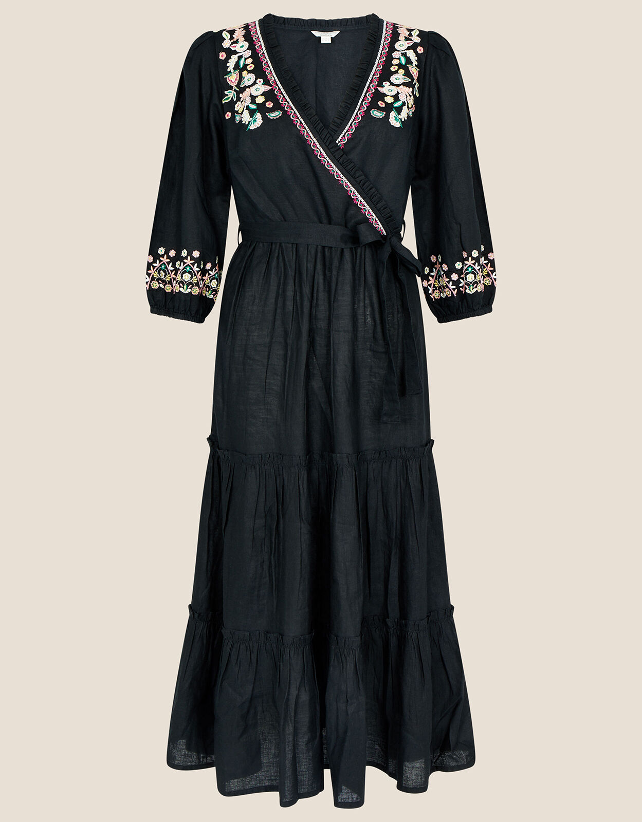 Embroidered Tiered Wrap Dress in Linen Blend Black | Casual \u0026 Day Dresses |  Monsoon Global.